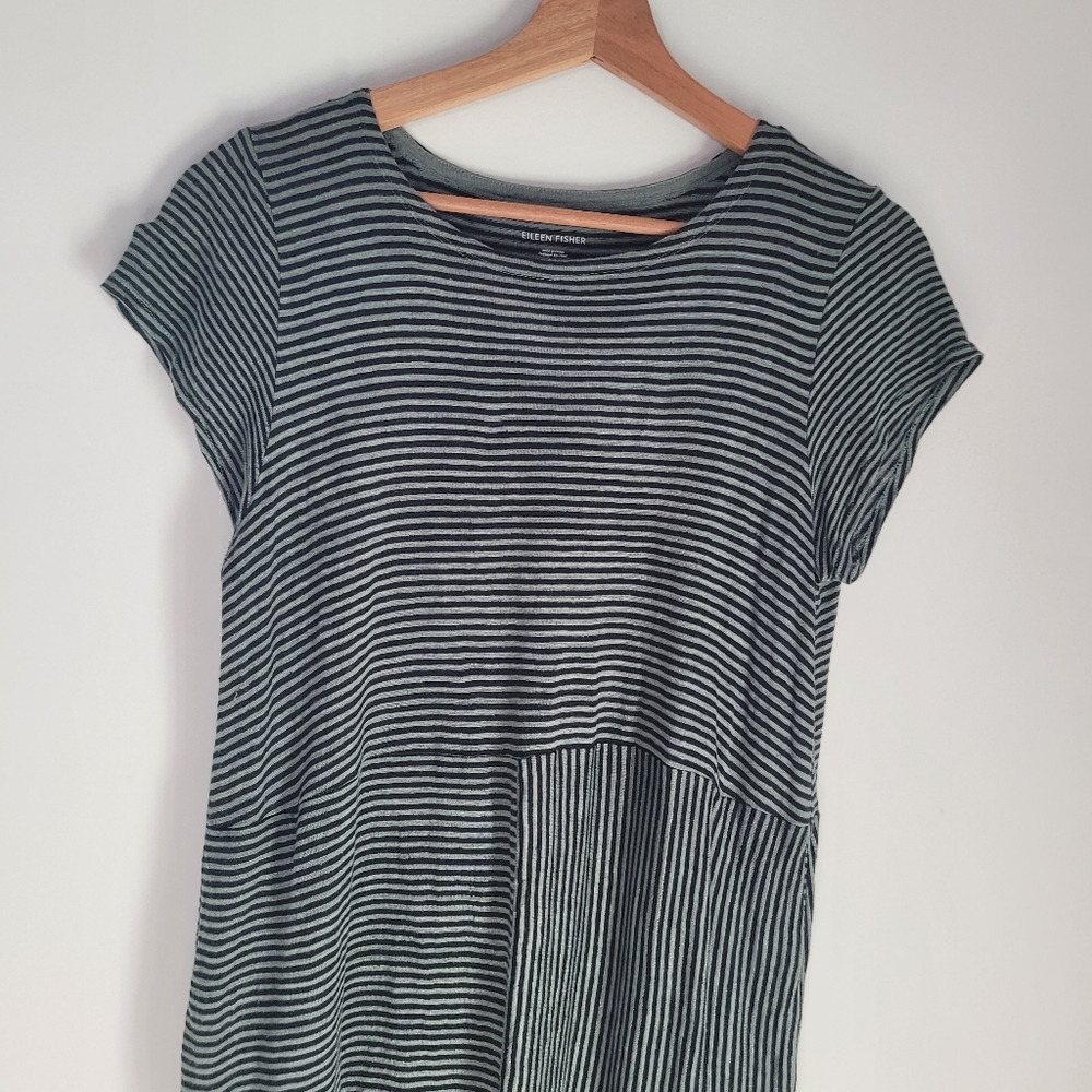 Eileen Fisher Organic Linen Jersey Stripe Dress Black And Green  Women's Small - Picture 3 of 9